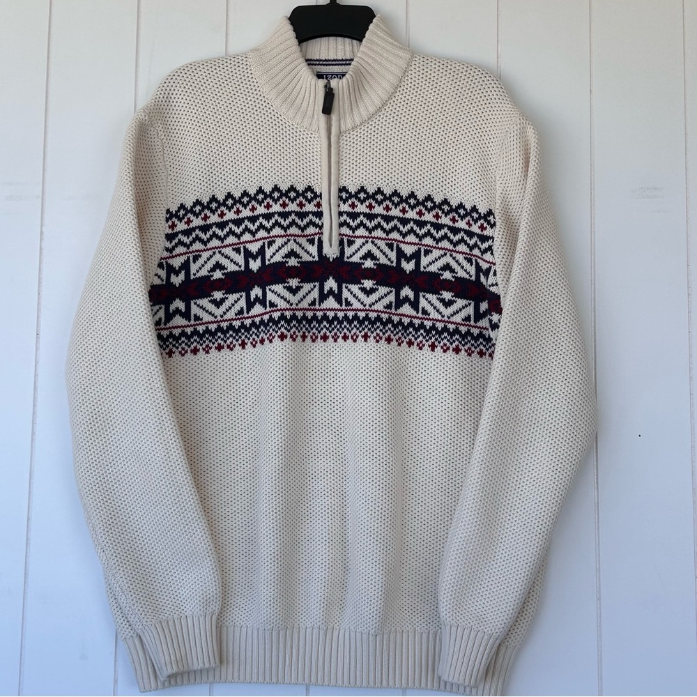Izod Men’s Whisper White Fairisle 1/4 Zip Sweater Long Sleeves Size‎ Large